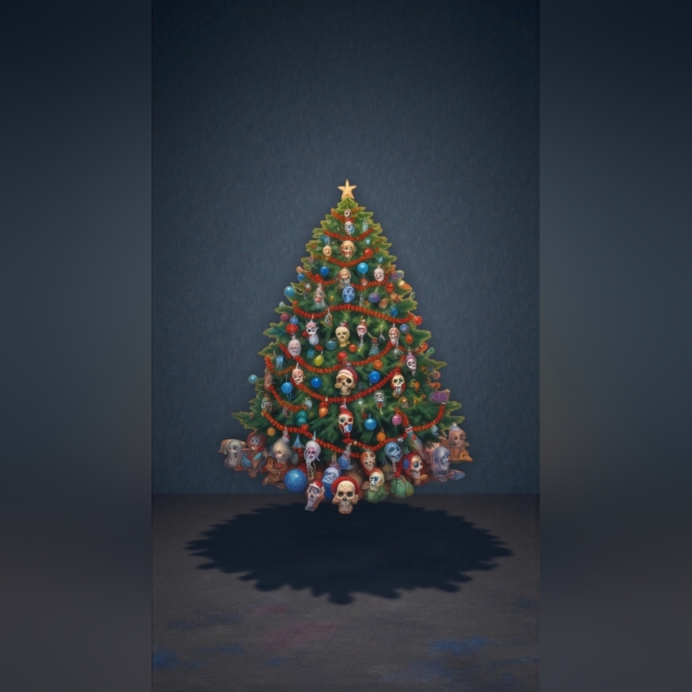 Whimsical Skull-Adorned Christmas Tree Art Print 8x10